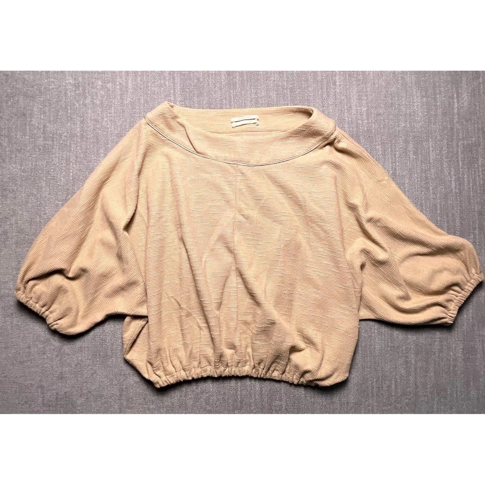 Anthropologie Womens XS Beige Textured Cropped Dolman Sleeve Boat Neck Top